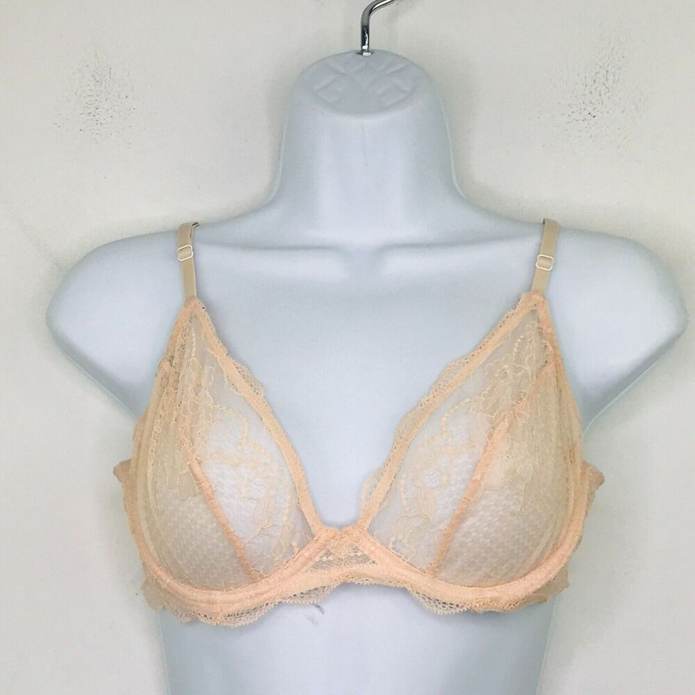 J Crew 34C Bra Pink Sheer Lace Underwired Unpadded Unlined Plunge Bralette BJ19